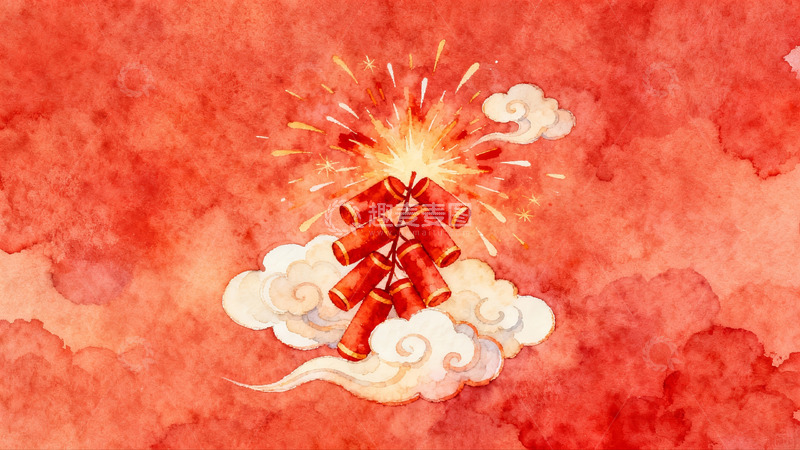 高清大图下载【趣麦麦图】红色背景烟花鞭炮云朵
