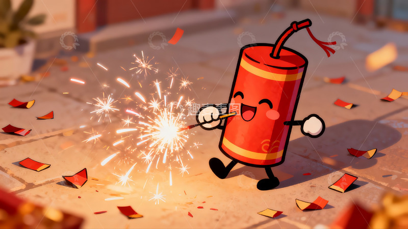 高清大图下载【趣麦麦图】卡通鞭炮燃放庆祝场景