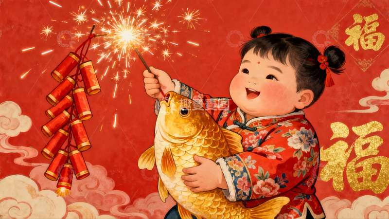 高清大图下载【趣麦麦图】孩童手持金鱼烟花迎新春