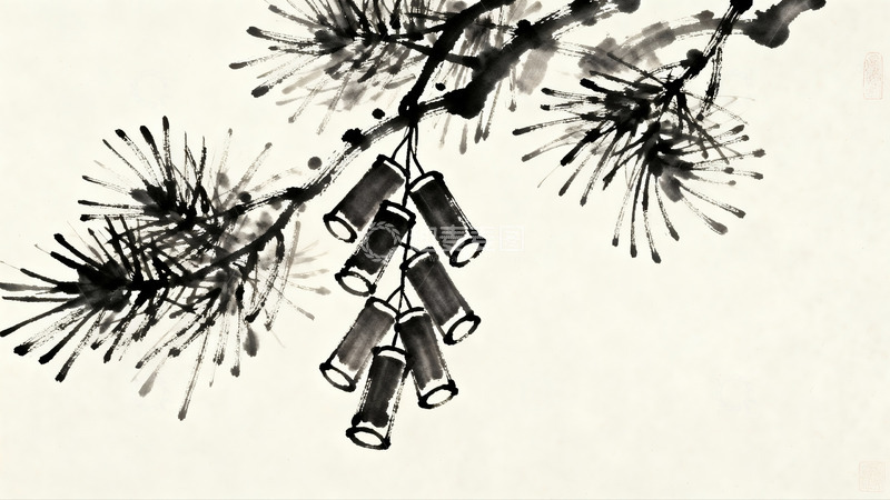 高清大图下载【趣麦麦图】水墨松枝果实图