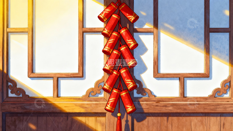 高清大图下载【趣麦麦图】传统中式窗前挂红鞭炮