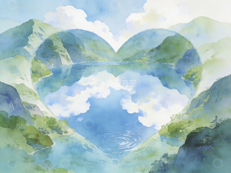 高清大图下载【趣麦麦图】心形湖面倒映青山白云
