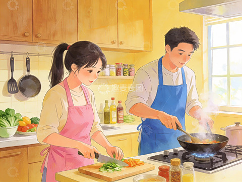 夫妻在厨房共同烹饪