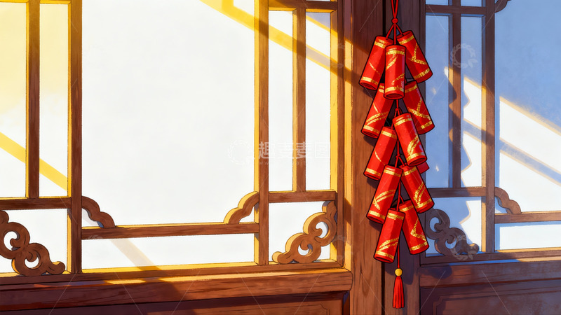 高清大图下载【趣麦麦图】古窗挂红鞭炮迎新春