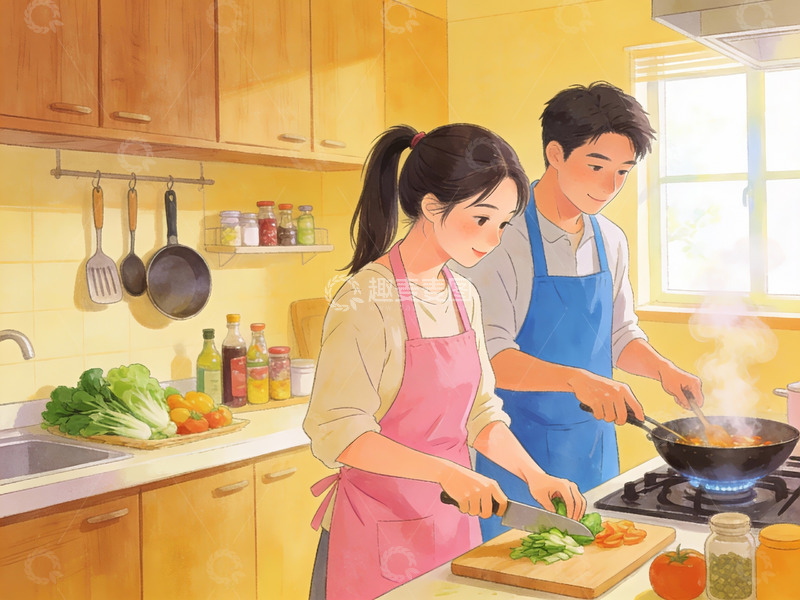 高清大图下载【趣麦麦图】情侣在厨房一起做饭