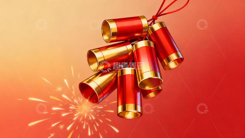 高清大图下载【趣麦麦图】红色鞭炮绽放烟花