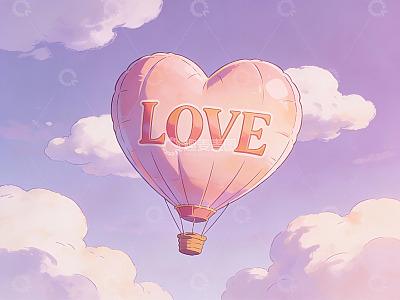 心形热气球飘浮于云间