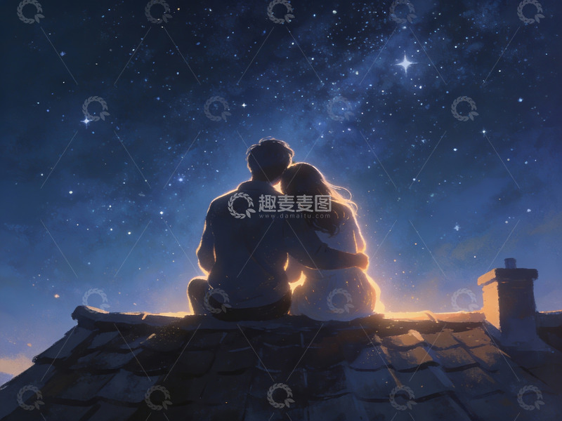 高清大图下载【趣麦麦图】情侣屋顶仰望星空