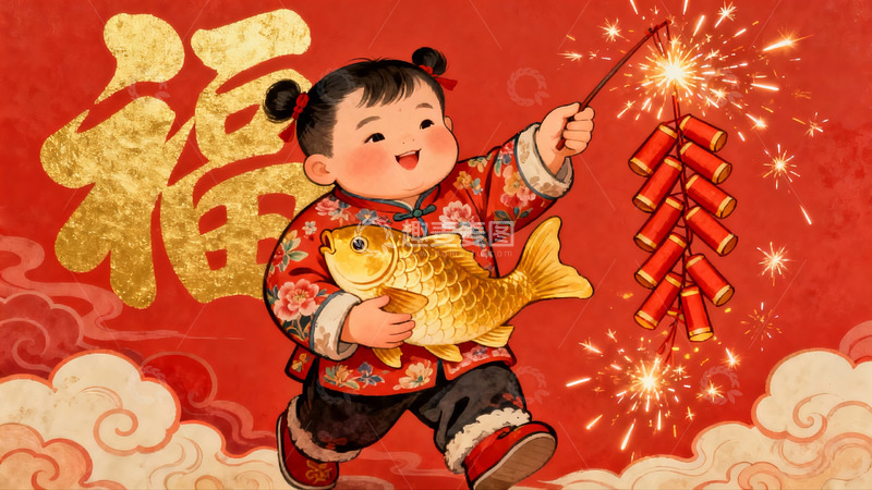 高清大图下载【趣麦麦图】新年童子手持金鱼燃放鞭炮