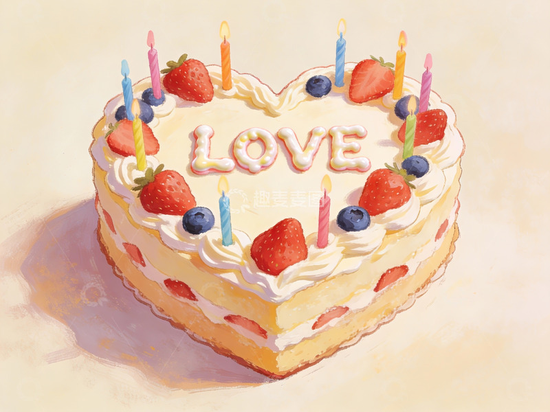 高清大图下载【趣麦麦图】心形蛋糕装饰草莓蜡烛