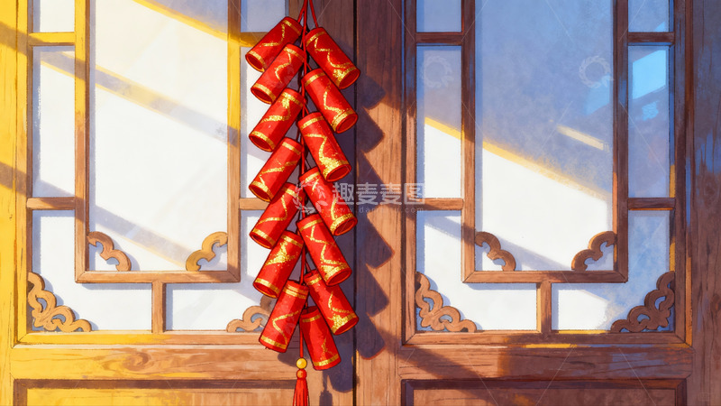高清大图下载【趣麦麦图】古门挂红鞭炮迎新春