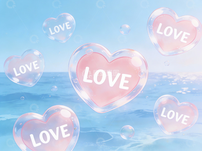 高清大图下载【趣麦麦图】心形泡泡漂浮于海面