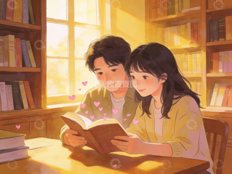 高清大图下载【趣麦麦图】情侣在图书馆共读书籍
