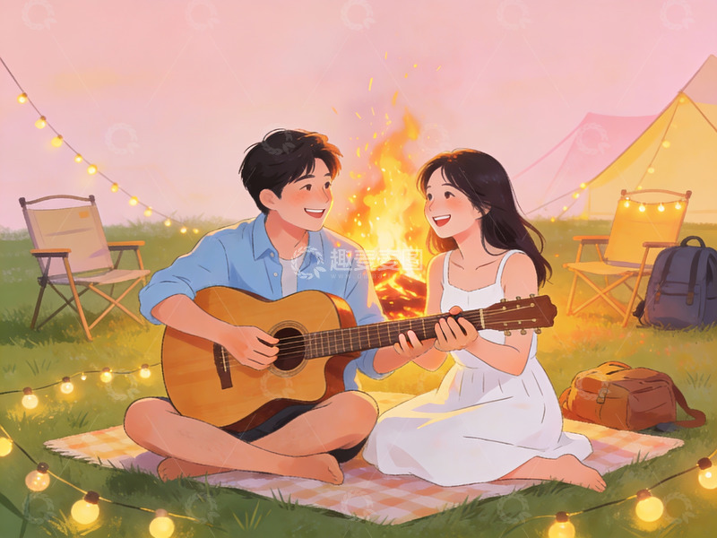 高清大图下载【趣麦麦图】情侣露营弹吉他