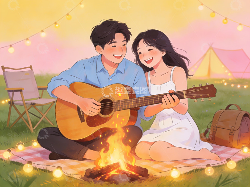 高清大图下载【趣麦麦图】情侣篝火旁弹吉他