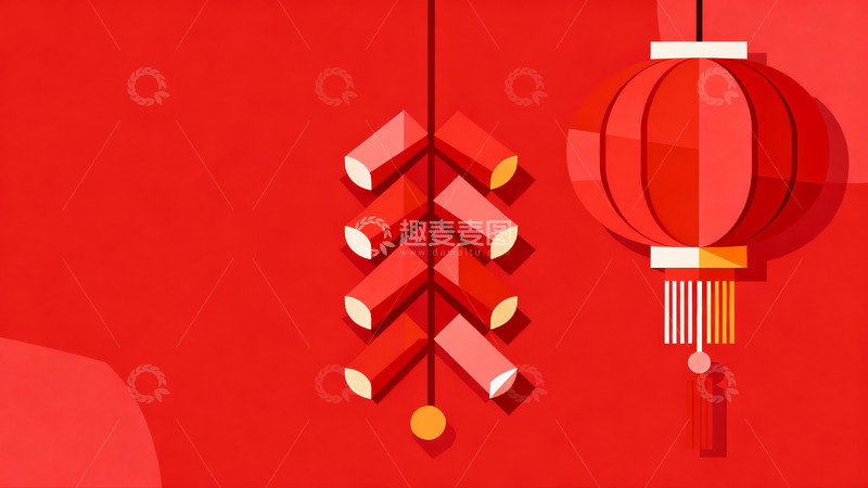 高清大图下载【趣麦麦图】红色背景下的灯笼鞭炮图案