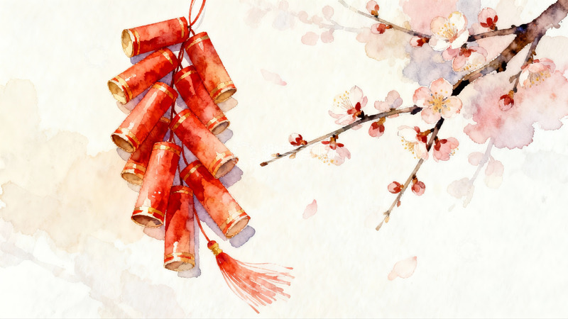 高清大图下载【趣麦麦图】水彩画中的鞭炮与梅花