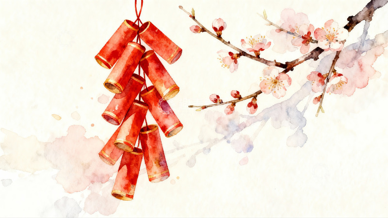 高清大图下载【趣麦麦图】水彩画中的鞭炮与梅花