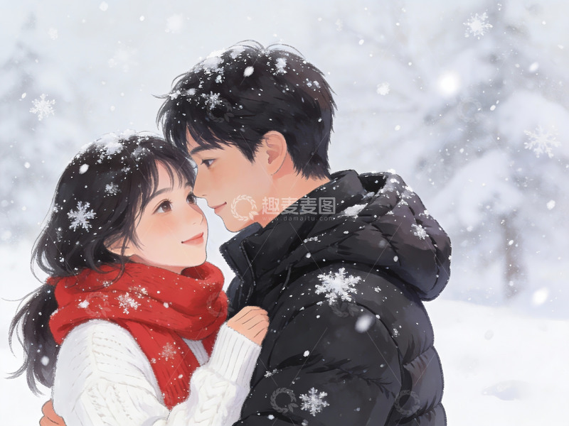 高清大图下载【趣麦麦图】雪中相拥的年轻情侣