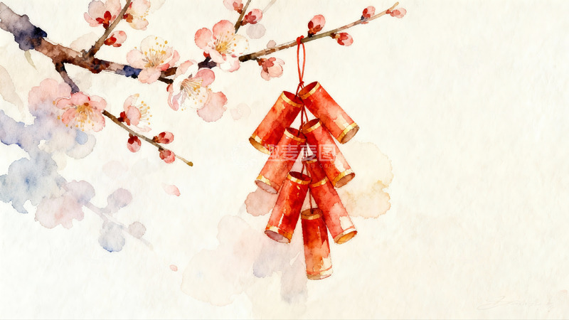 高清大图下载【趣麦麦图】水彩画中的梅花与鞭炮