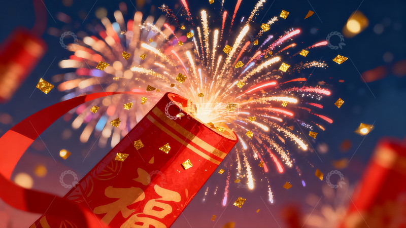 高清大图下载【趣麦麦图】烟花绽放红色礼炮庆祝