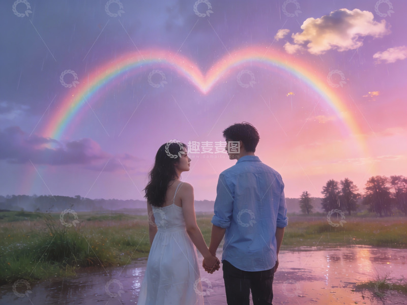 高清大图下载【趣麦麦图】情侣牵手望彩虹心形