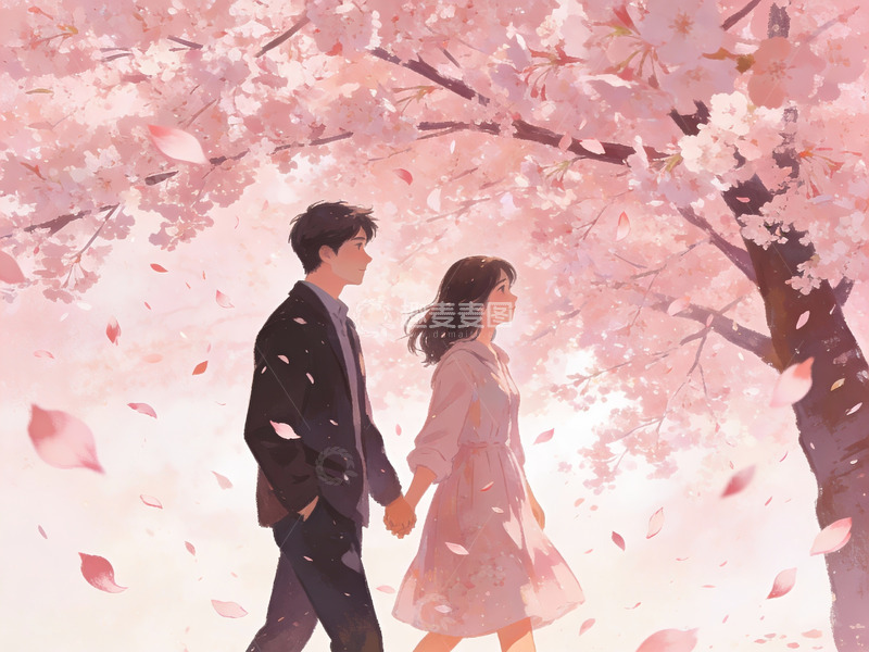 高清大图下载【趣麦麦图】樱花树下情侣牵手散步