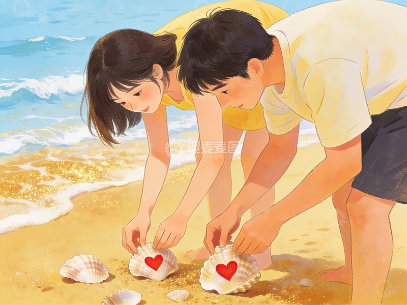 高清大图下载【趣麦麦图】情侣海滩拾贝壳
