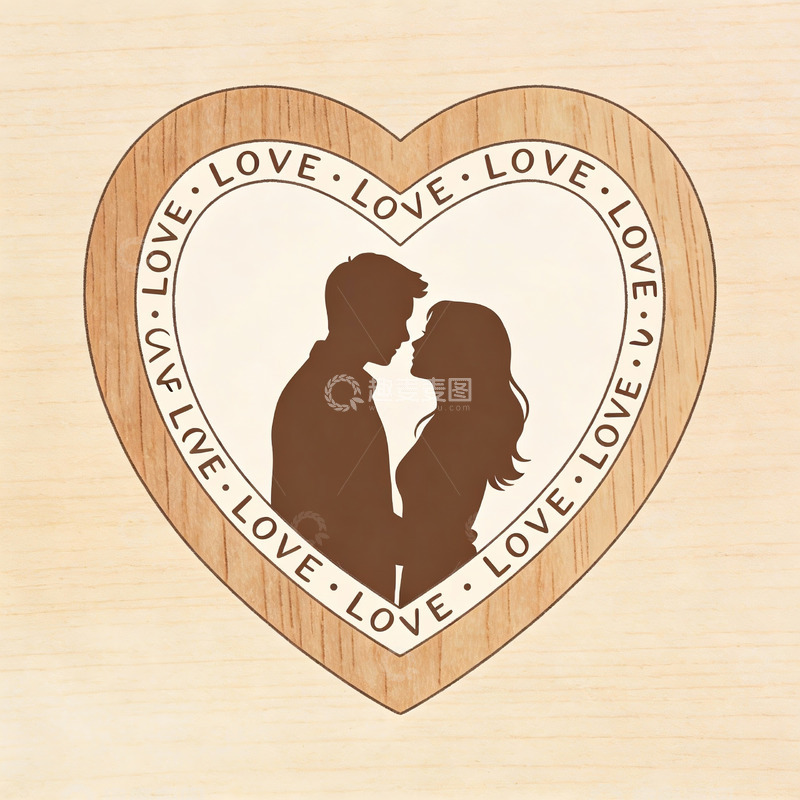 高清大图下载【趣麦麦图】心形木纹情侣剪影图案