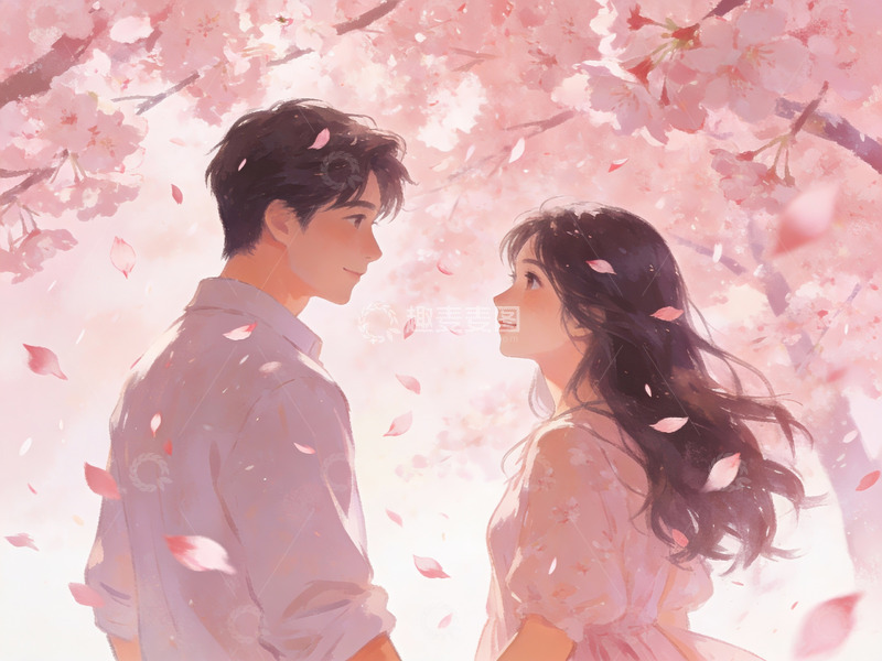 高清大图下载【趣麦麦图】樱花树下情侣对望