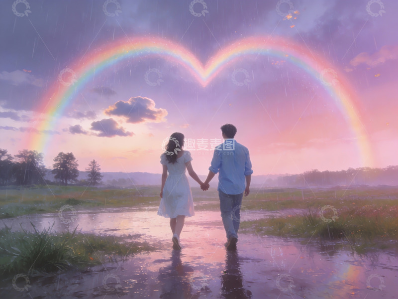 高清大图下载【趣麦麦图】情侣雨中牵手彩虹心形
