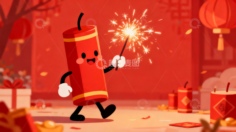 高清大图下载【趣麦麦图】卡通烟花人庆祝节日场景