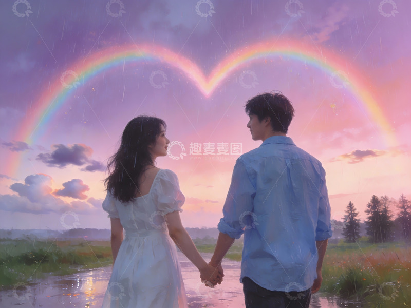 高清大图下载【趣麦麦图】情侣牵手看双彩虹