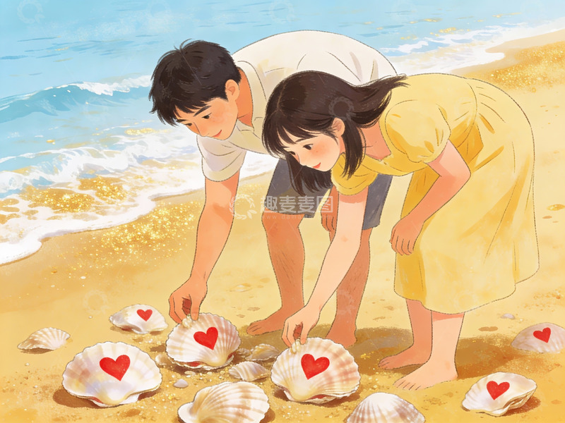 高清大图下载【趣麦麦图】情侣沙滩拾贝壳