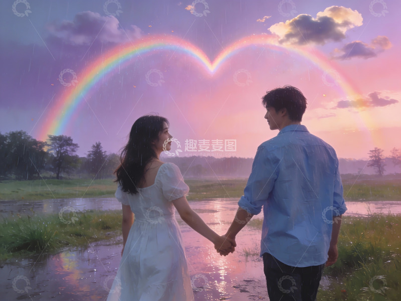 高清大图下载【趣麦麦图】情侣牵手看彩虹心形天空