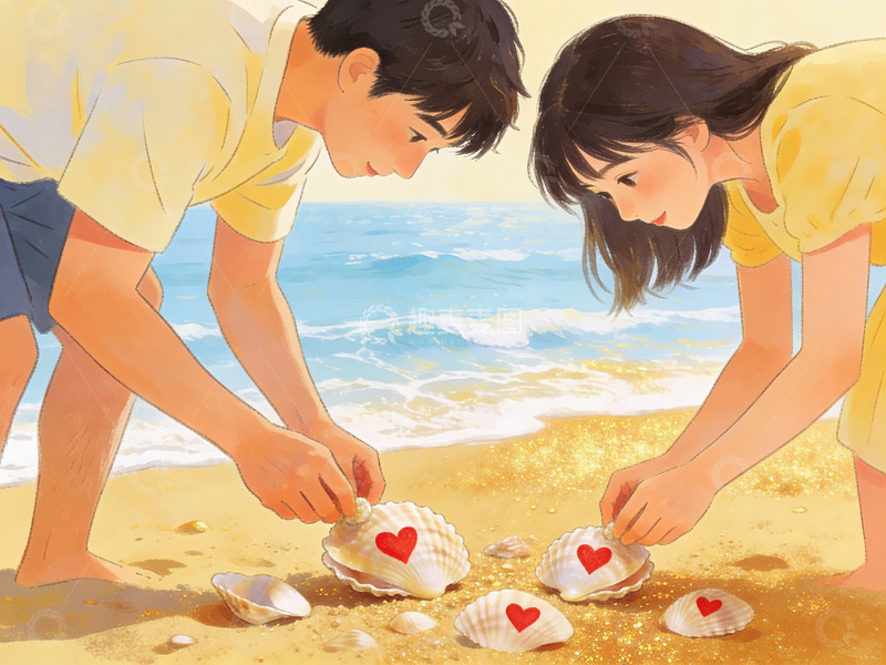高清大图下载【趣麦麦图】沙滩上的情侣捡贝壳
