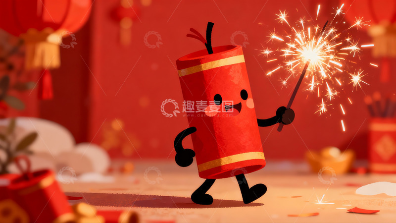 高清大图下载【趣麦麦图】卡通鞭炮手持烟花庆祝节日