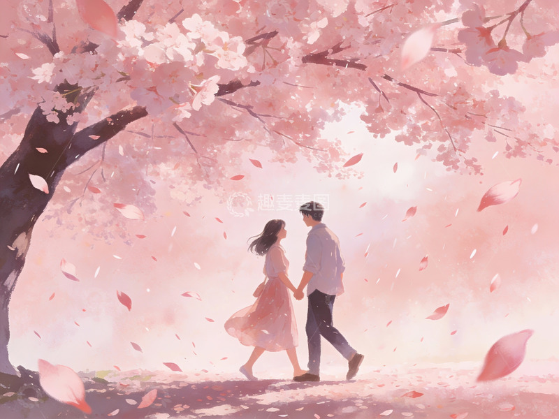 高清大图下载【趣麦麦图】樱花树下牵手散步的情侣