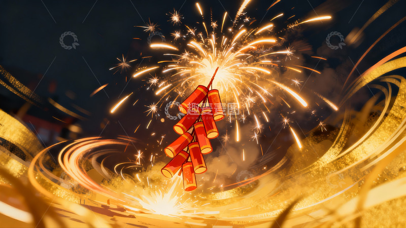 高清大图下载【趣麦麦图】夜空中绽放的烟花与鞭炮