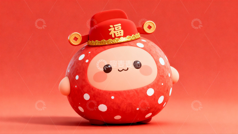 高清大图下载【趣麦麦图】红色卡通玩偶头戴福字帽