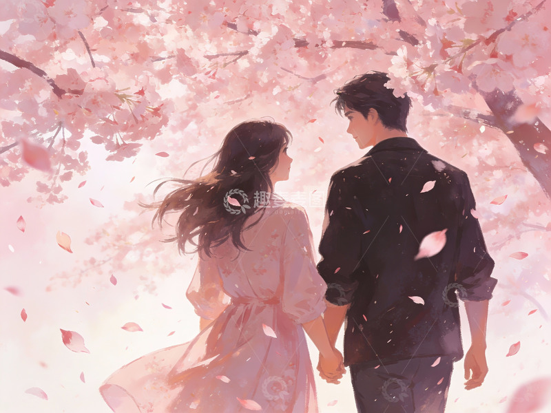 高清大图下载【趣麦麦图】樱花树下牵手的情侣
