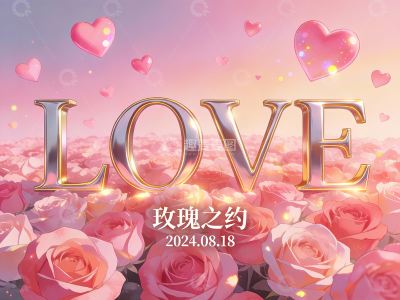 高清大图下载【趣麦麦图】玫瑰花海中的爱情主题海报