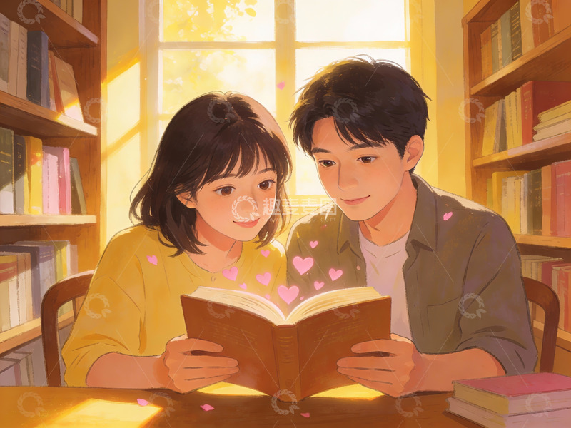高清大图下载【趣麦麦图】图书馆里共读一本书