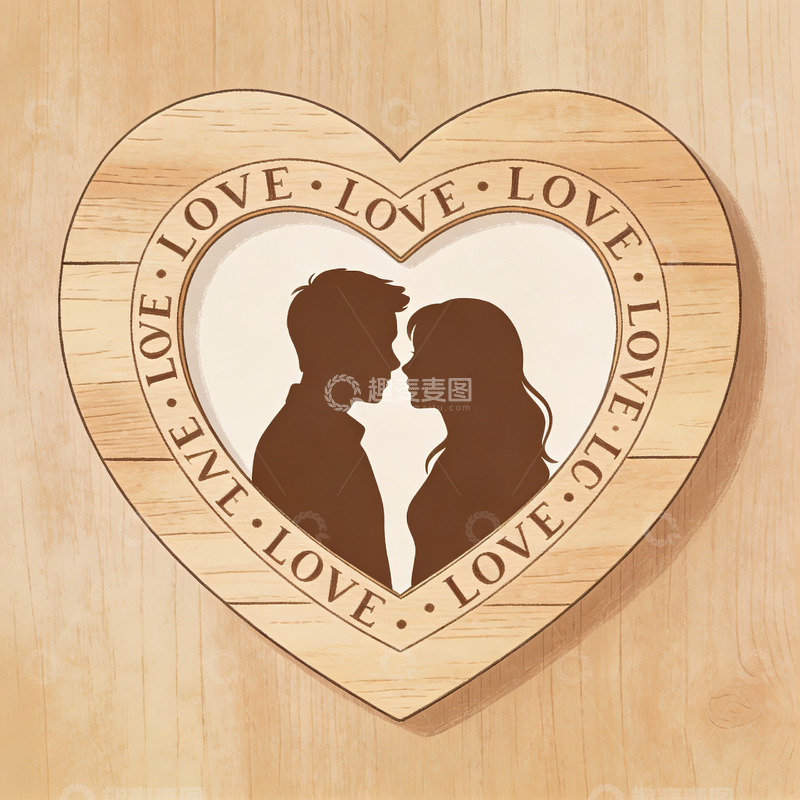 高清大图下载【趣麦麦图】心形木雕情侣剪影