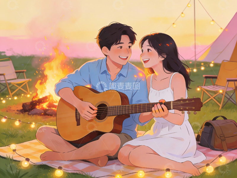 高清大图下载【趣麦麦图】情侣篝火旁弹吉他