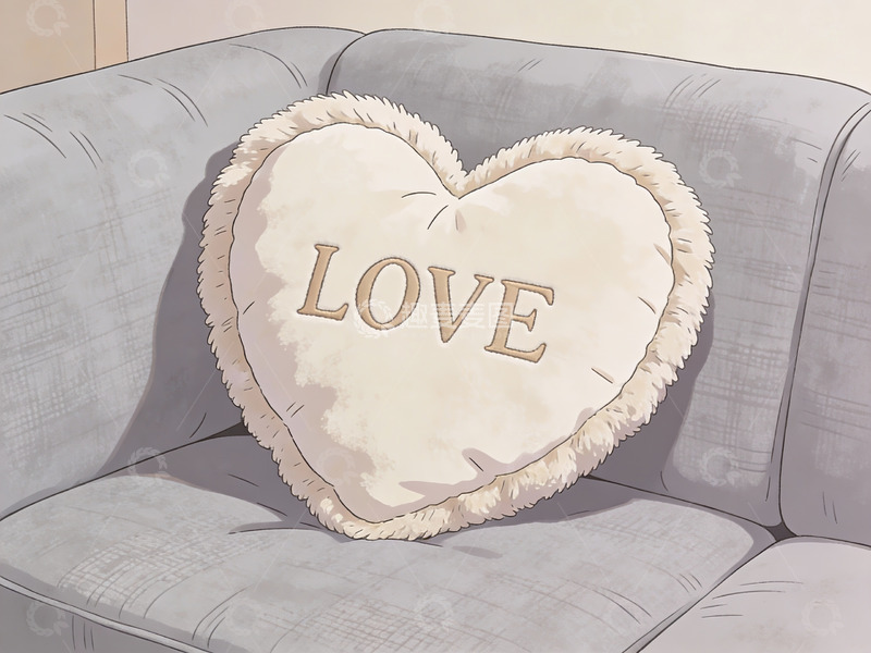 高清大图下载【趣麦麦图】心形抱枕置于灰色沙发上