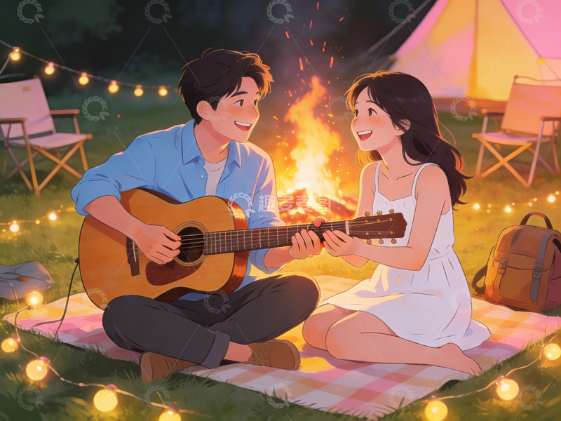 高清大图下载【趣麦麦图】情侣篝火旁弹吉他