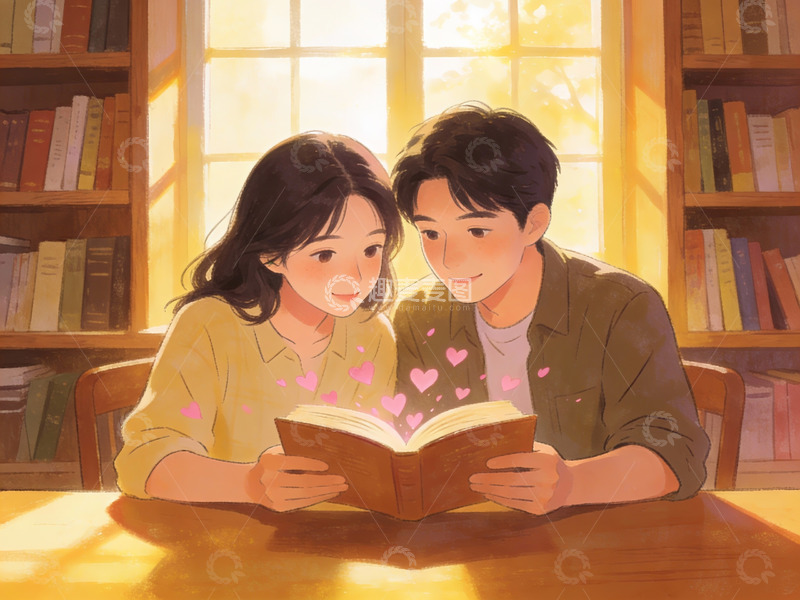 高清大图下载【趣麦麦图】情侣共读书籍温馨场景