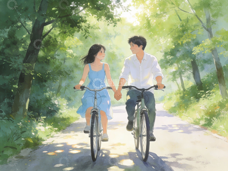 高清大图下载【趣麦麦图】情侣骑车穿行林间小道