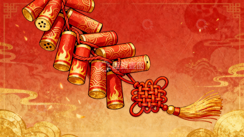 高清大图下载【趣麦麦图】红色鞭炮挂饰新年喜庆图案